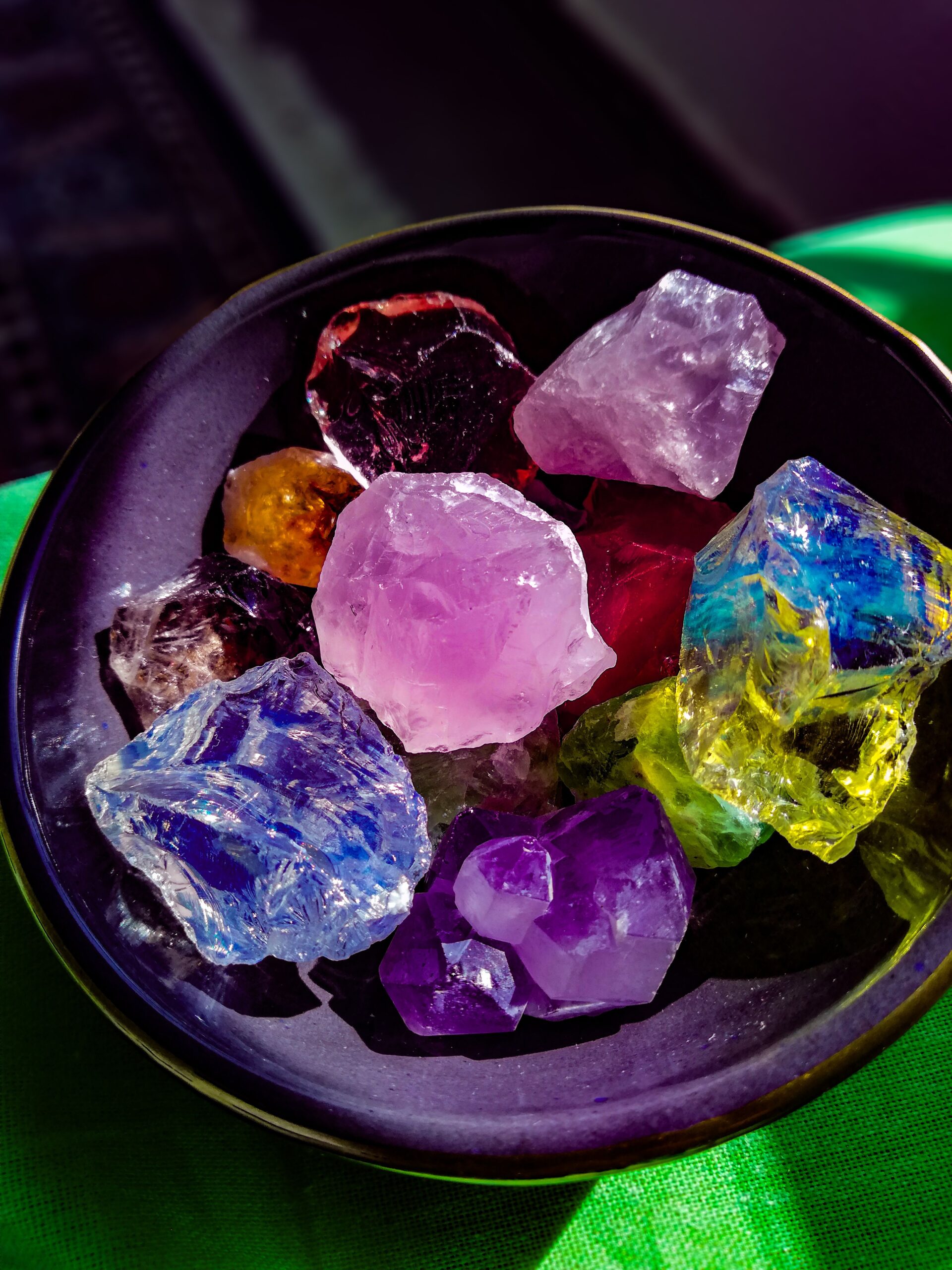 Colourful assorted gemstones and geode material