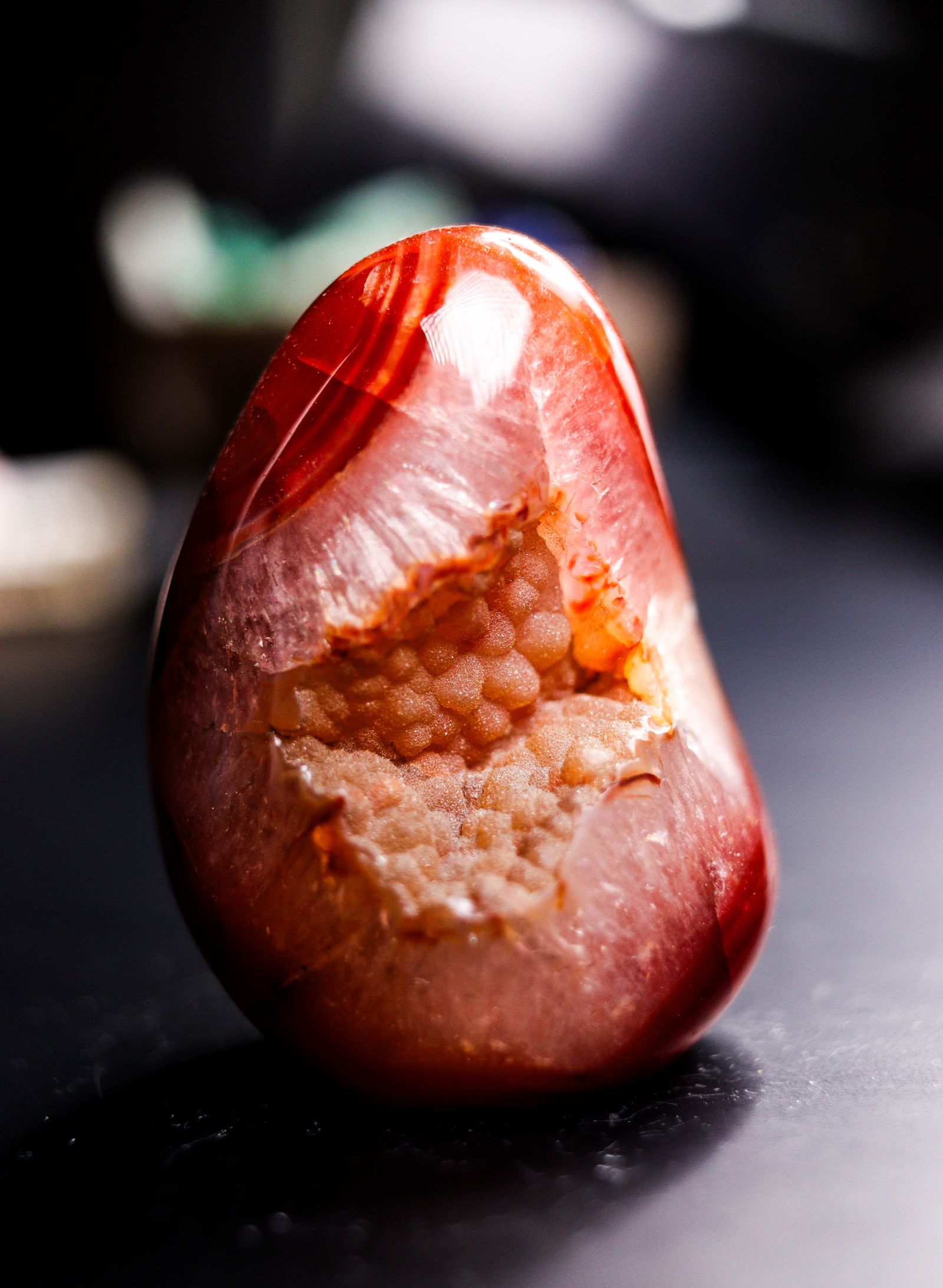 Polished red agate with a crystalline interior, evoking Tennessee Paint Rock agate