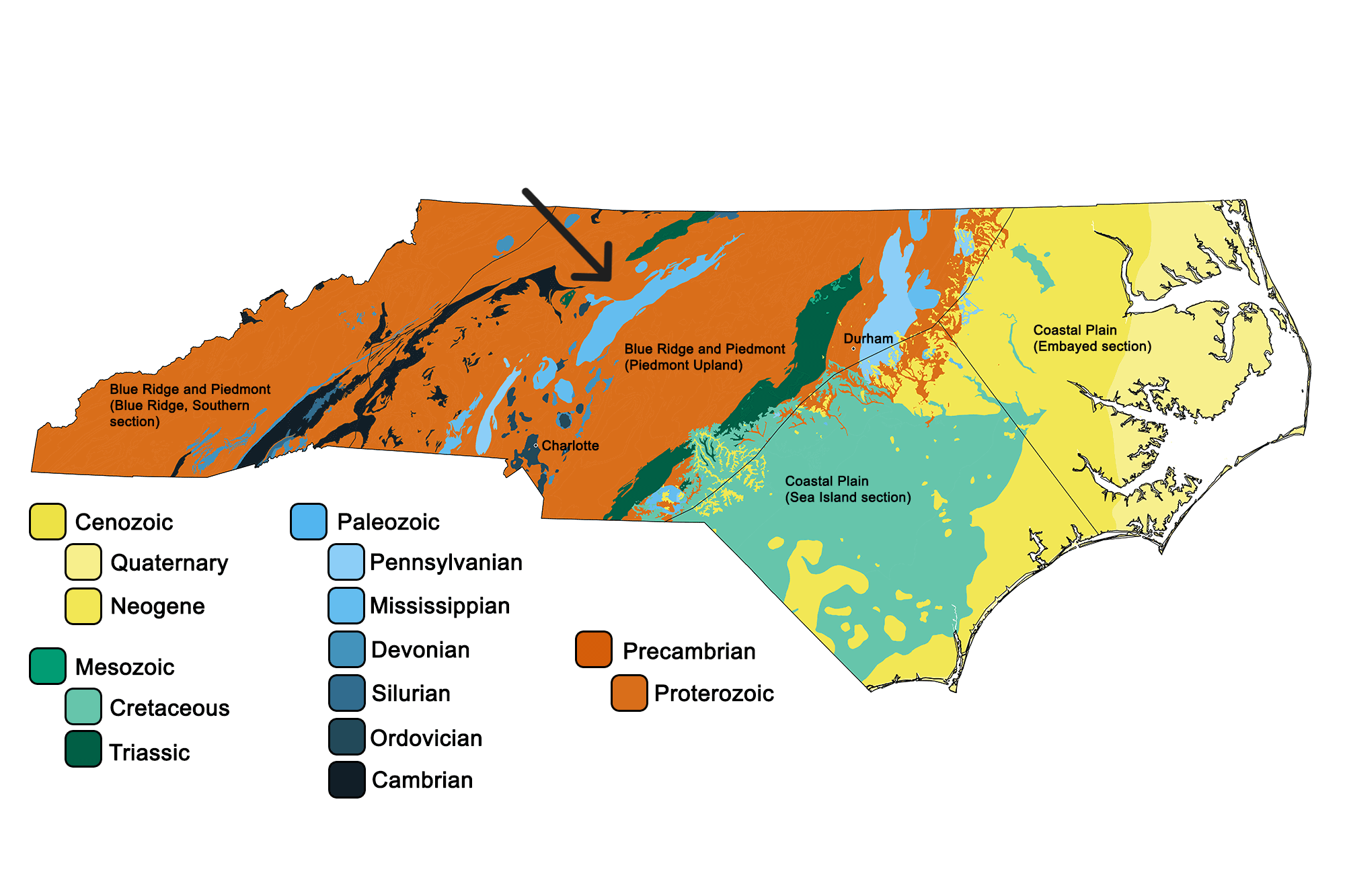 Colored geologic map of North Carolina showing rock units by age with an explanatory legend